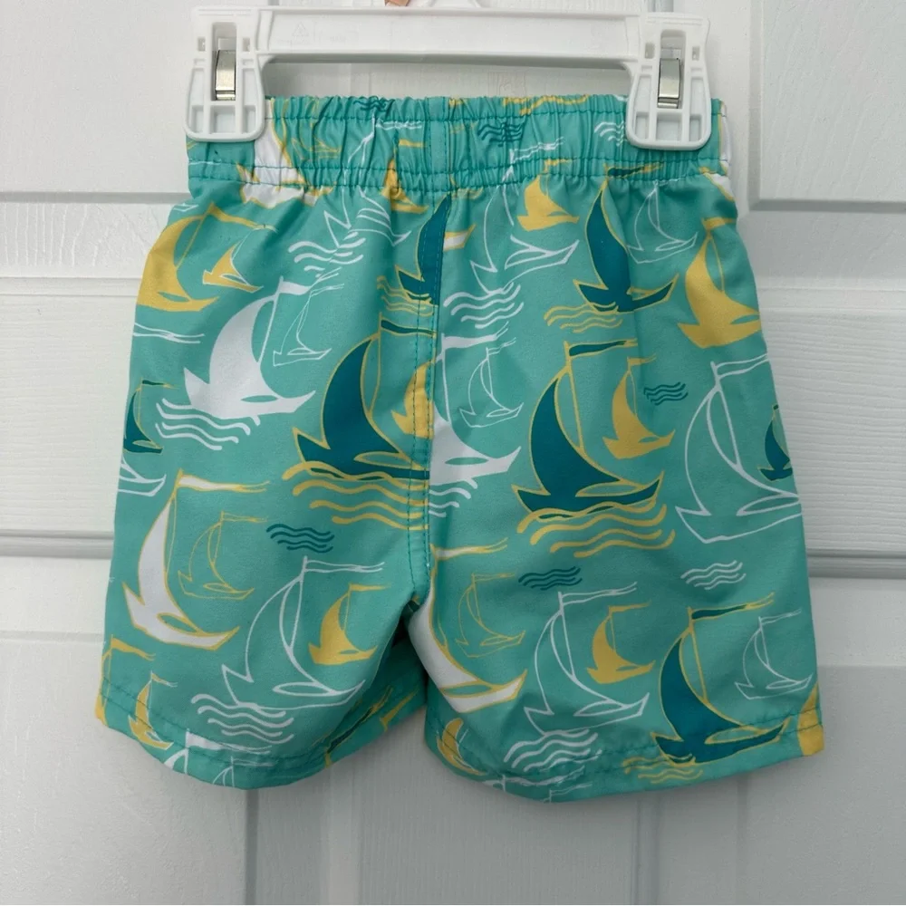 Rugged Butts Boys Sailboat Swim Trunks Shorts Green Yellow Sz 12-18 Mts